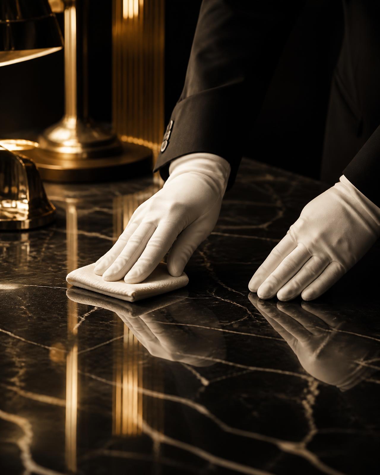 A Prospera Lux housekeeper polishing a dark marble surface with white gloves