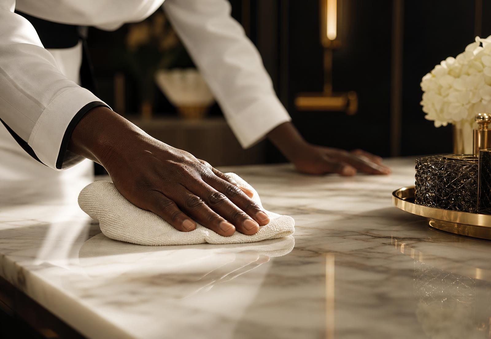 A Prospera Lux professional with African skin tone carefully polishing a marble surface in a luxury interior, no face visible