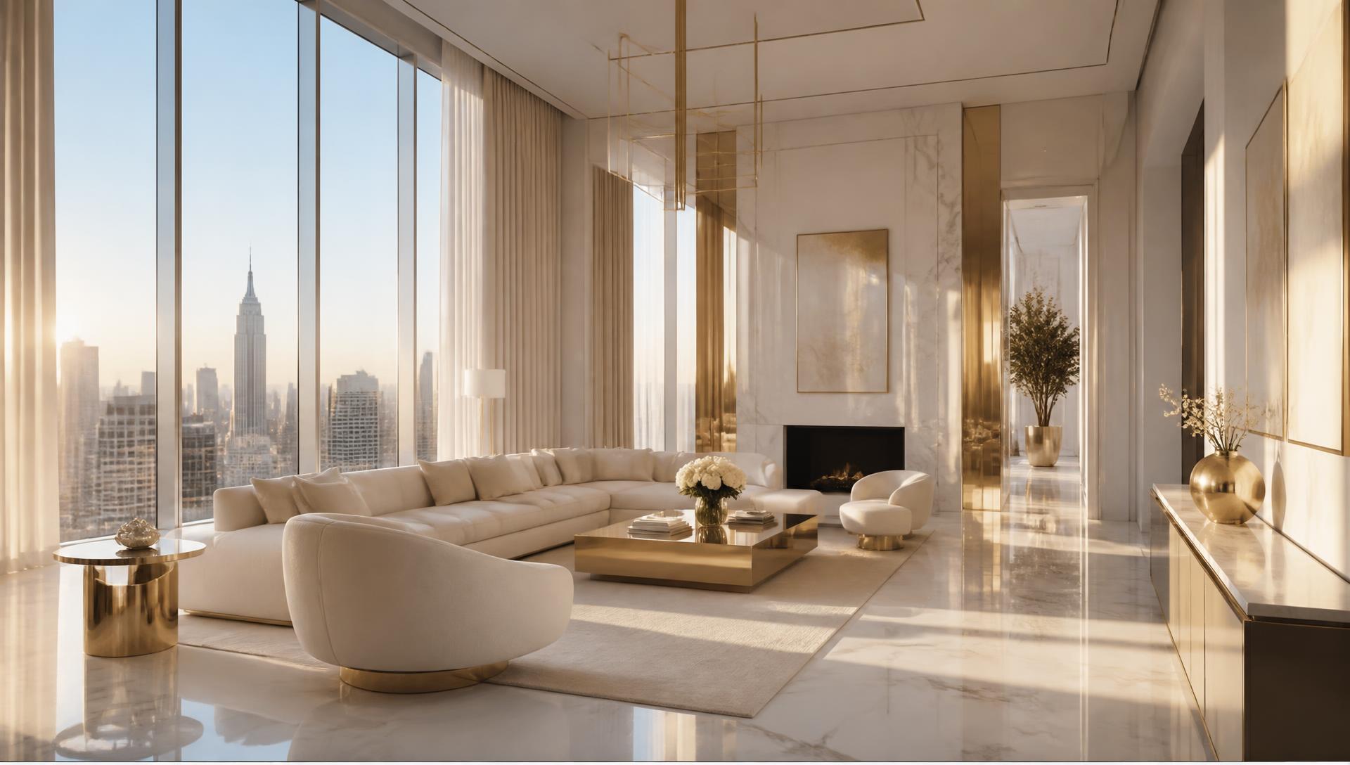 Immaculate sunlit luxury living room with marble floors