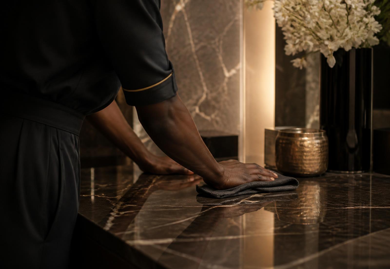 Black cleaning professional polishing a marble surface in a luxury interior